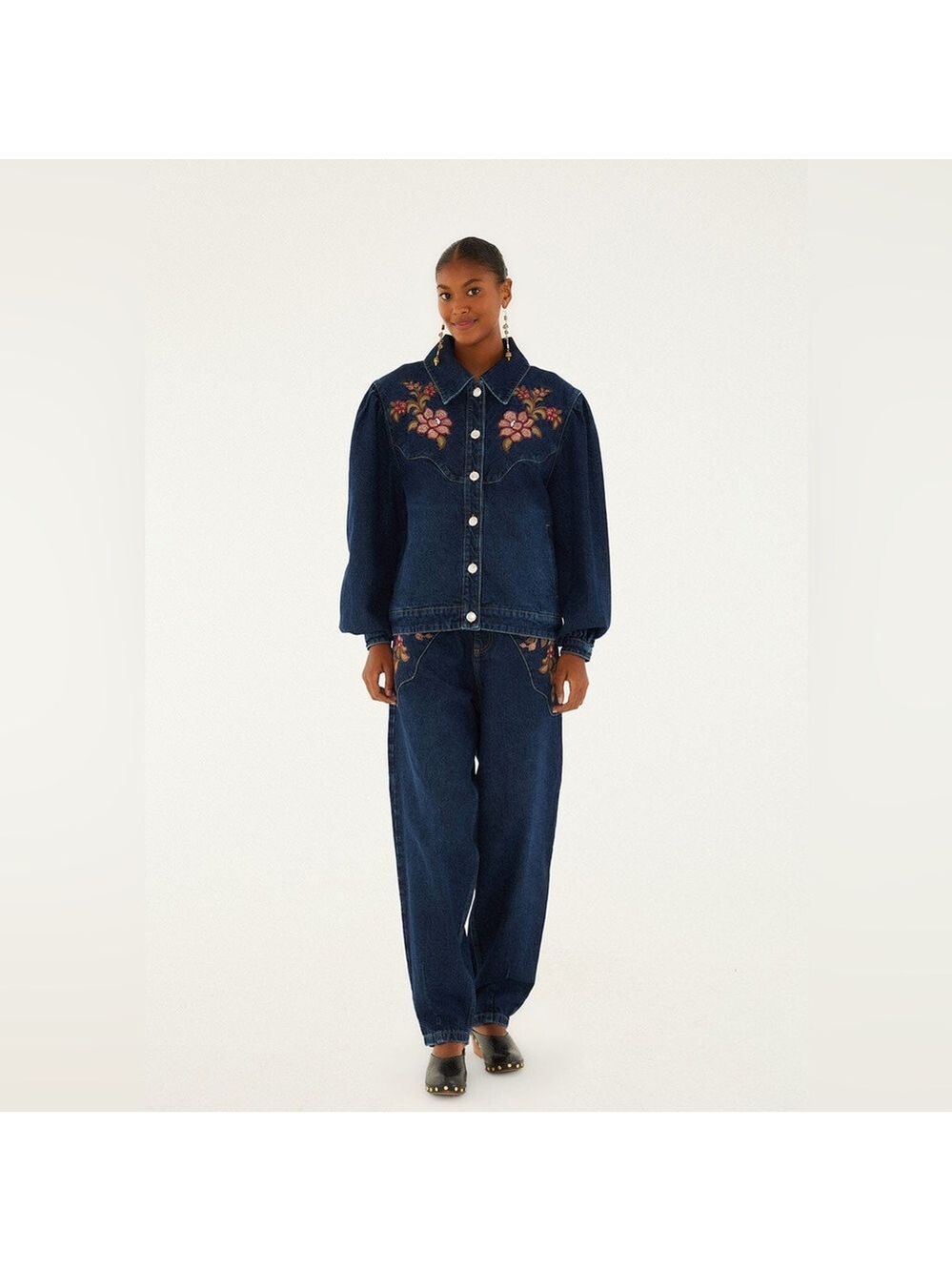 Farm Rio Denim Floral Embroidery Pants